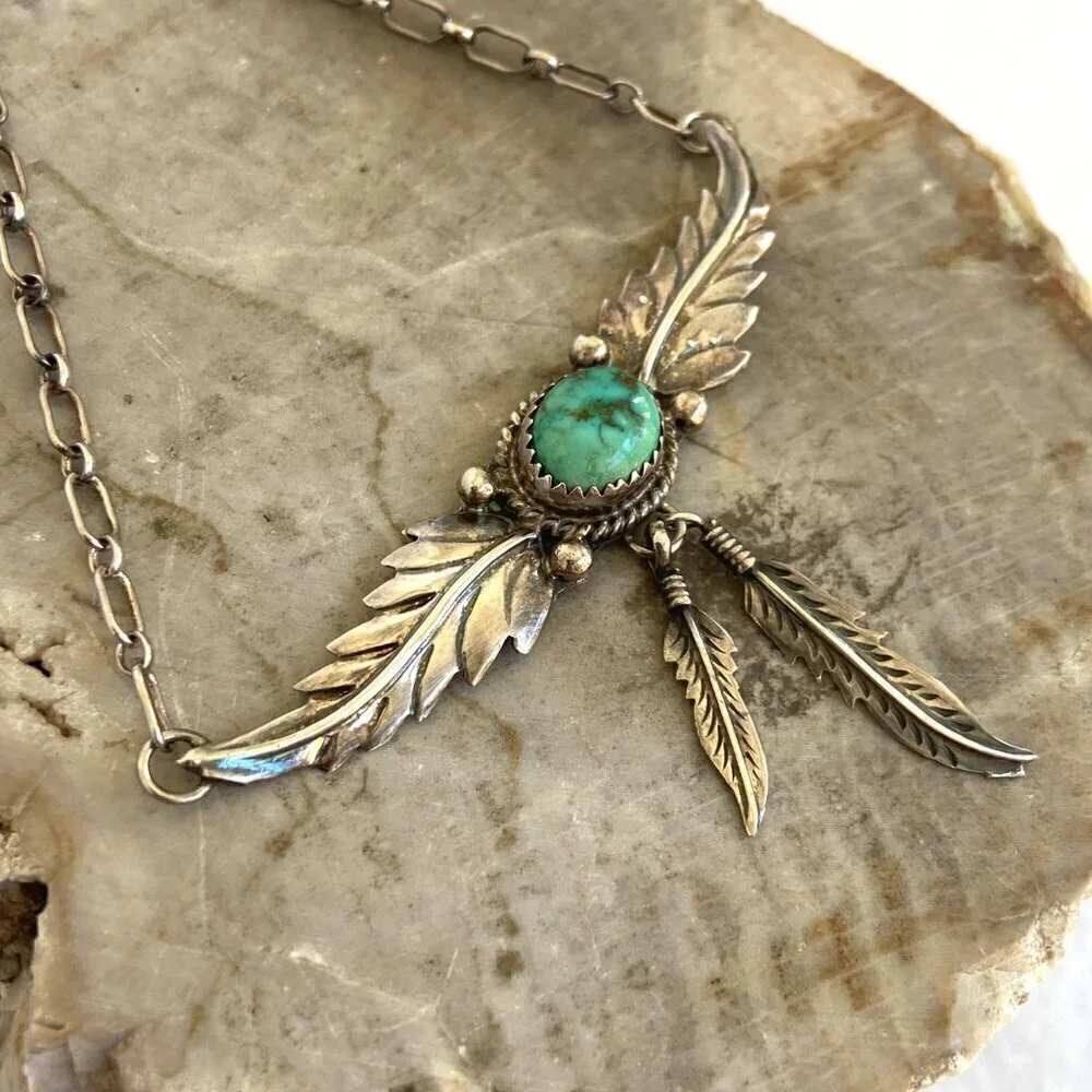 VTG Sterling Silver 925 H. Spencer Navajo Turquoise Leaf Feather Necklace 20.5